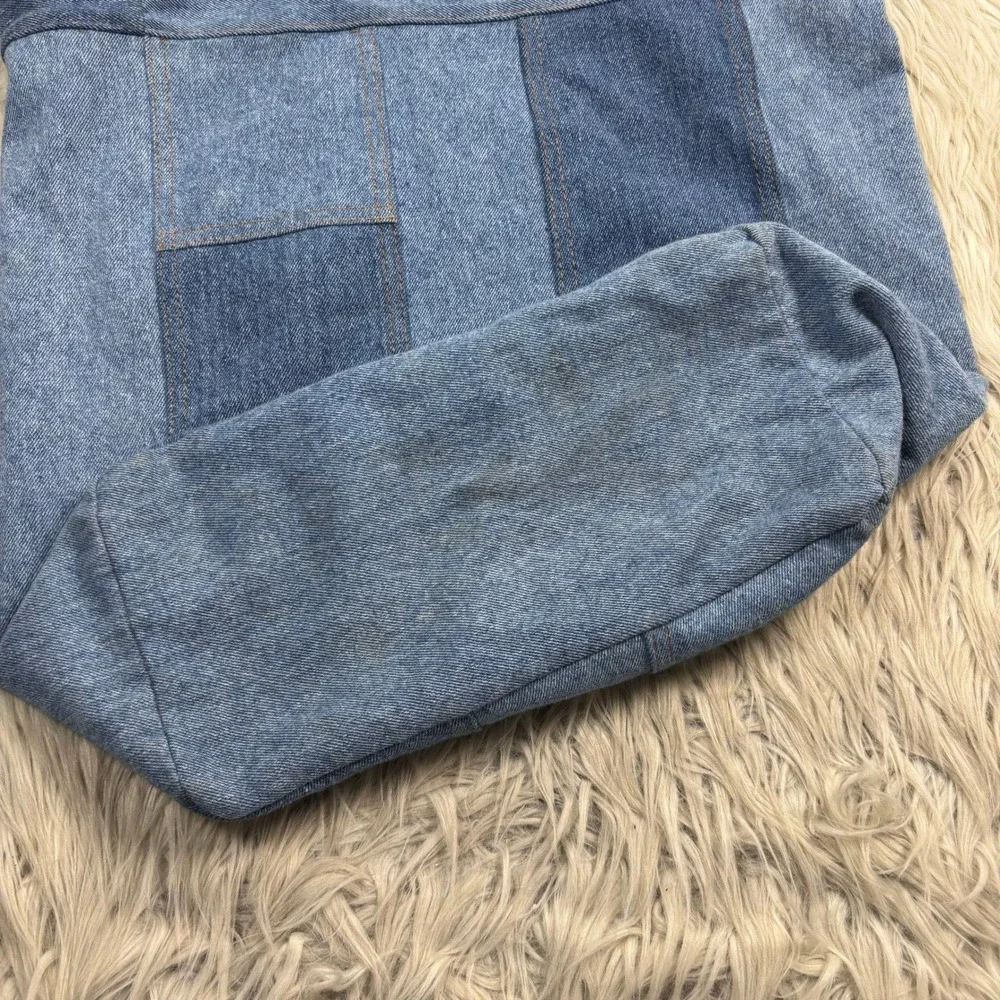 Canary Upcycle Denim Patch Work Denim Tote Recycled Material Pins Retro